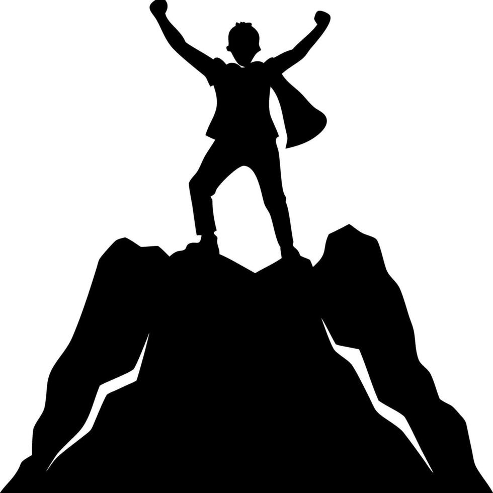 Silhouetted Hero on Mountain Peak Symbolizing Achievement and Success vector