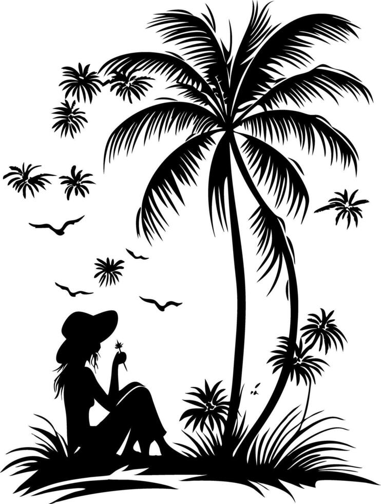 Silhouette Woman Relaxing Under Palm Tree with Birds in Tropical Paradise vector