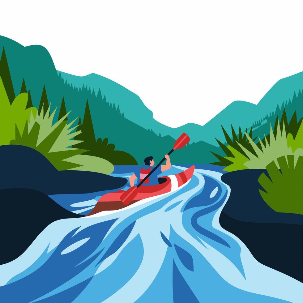 Kayaking Adventure on Scenic River Through Lush Forest in Vibrant Illustration vector