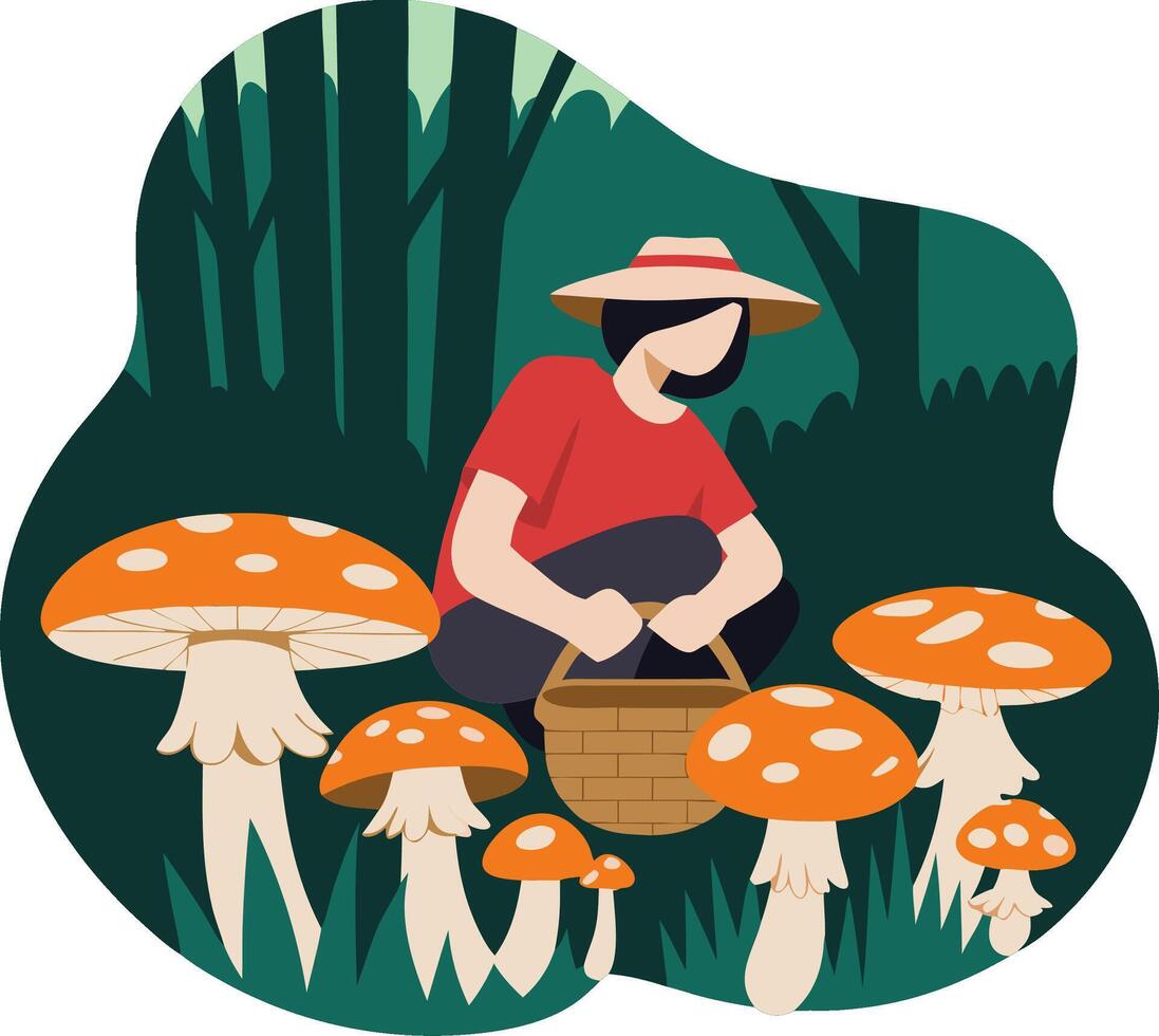 Woman Foraging Mushrooms in Forest Illustration for Nature Adventures vector