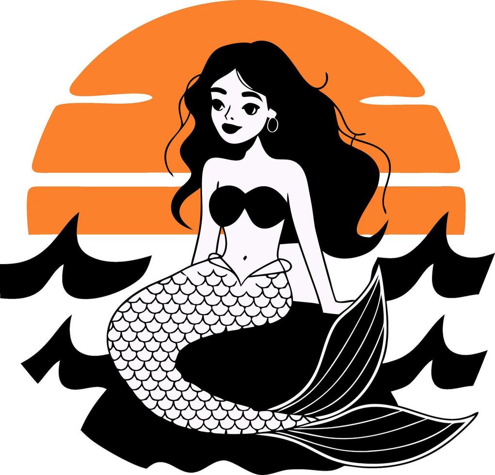 Mermaid Art Sitting on Rock with Sunset and Waves vector