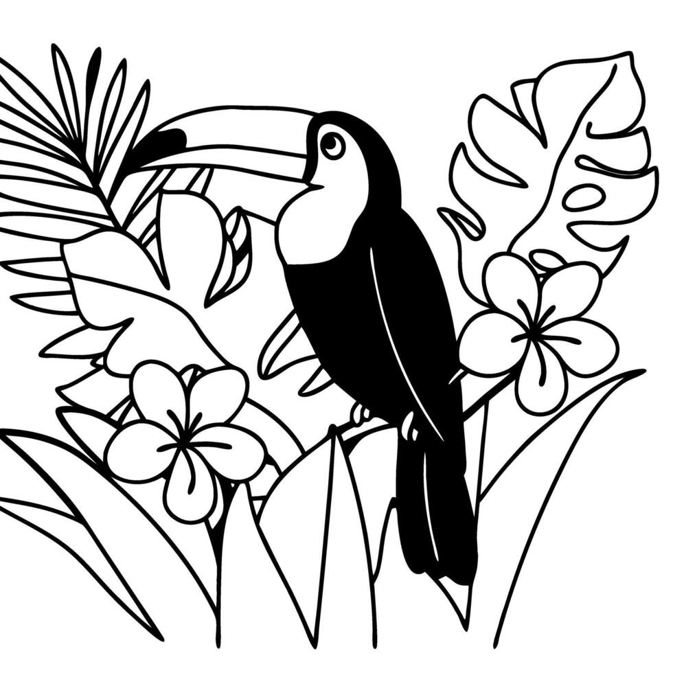 Tropical Toucan Line Art with Exotic Flowers and Leaves for Coloring Books and Designs vector