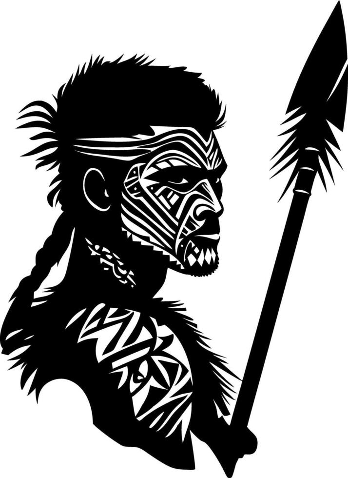 Tribal Warrior Silhouette Holding Spear with Intricate Face Tattoos vector