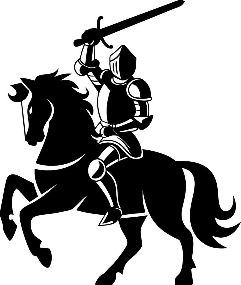 Medieval Knight Silhouette on Horseback with Sword Raised for Battle Illustration vector