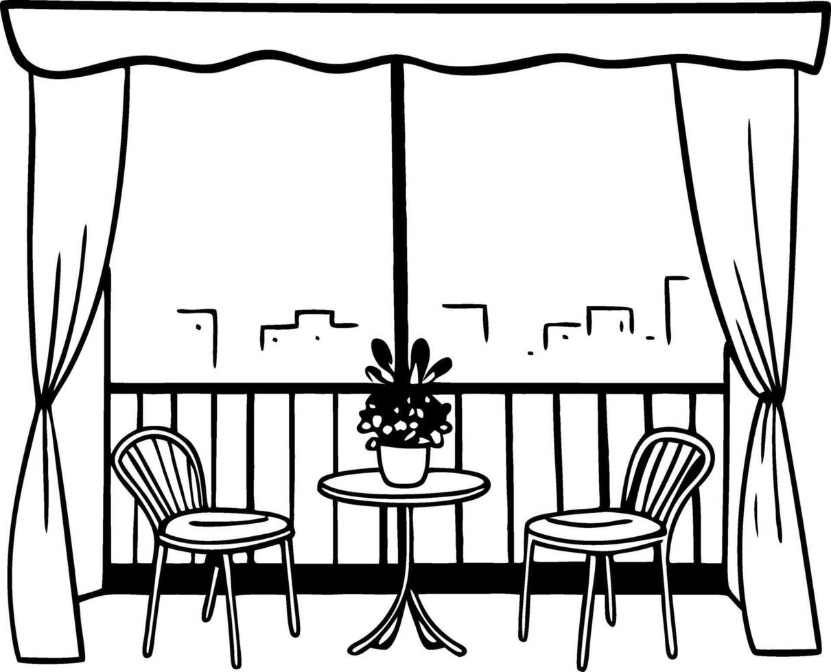 Cozy Balcony with Chairs Table and Cityscape View vector