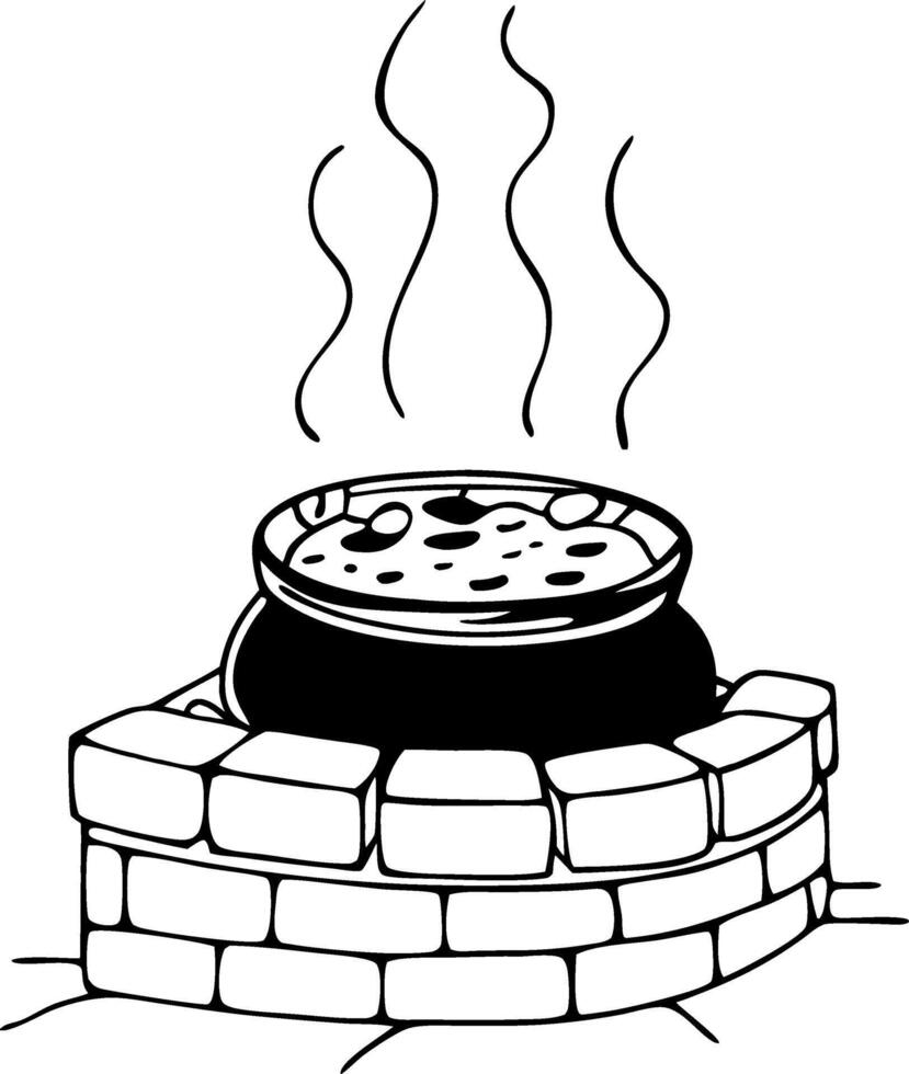 Boiling Cauldron on Stone Fireplace with Steam for Cooking and Witchcraft Art vector