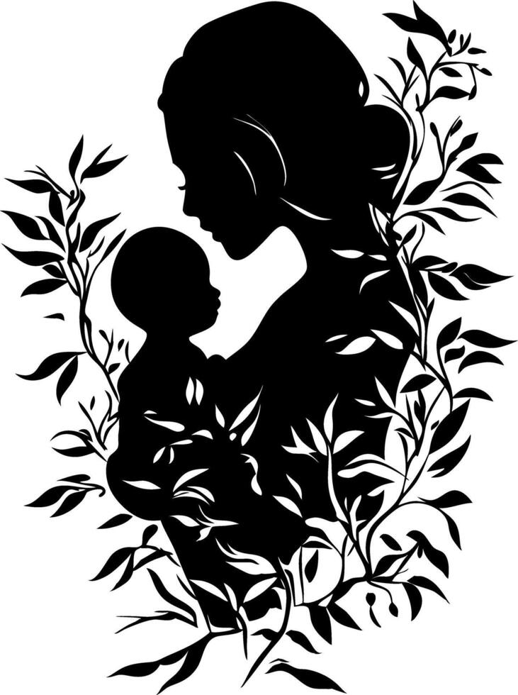 Mother Child Silhouette with Floral Elements Art vector
