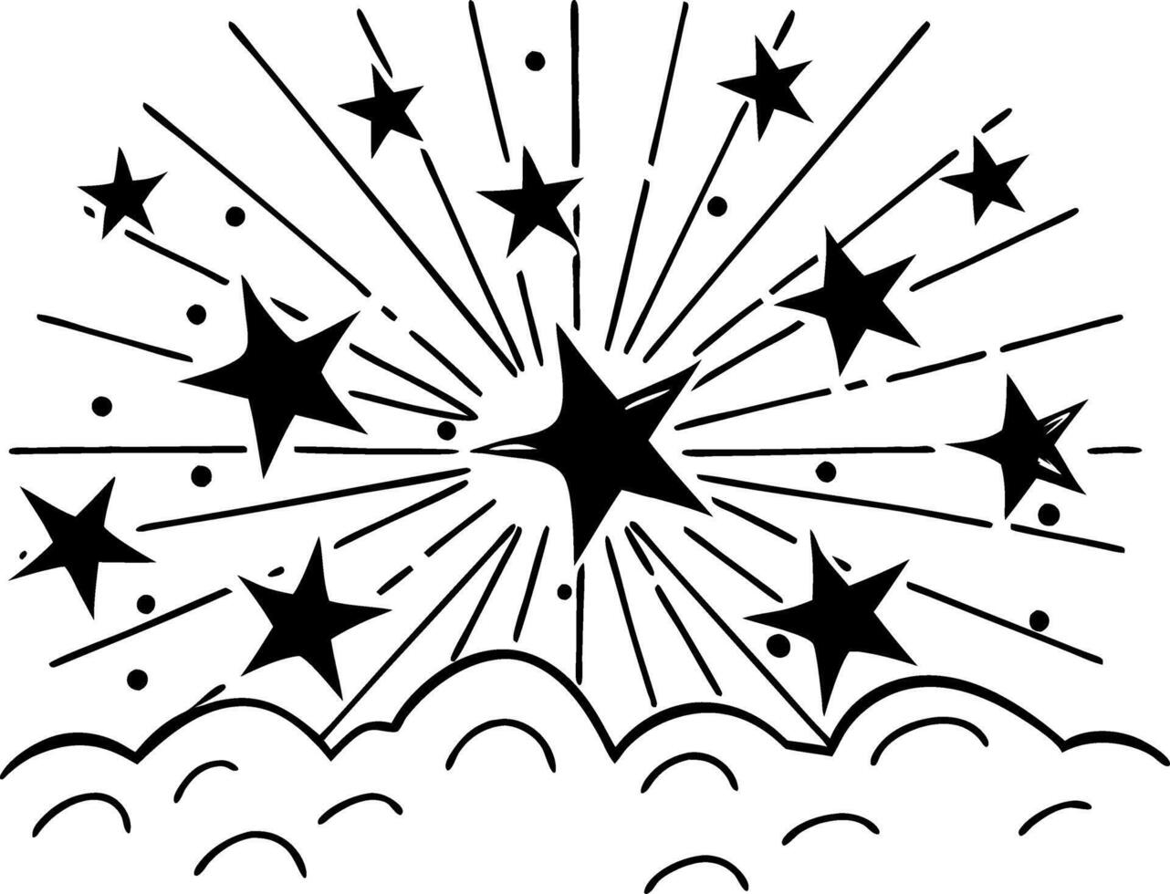 Celestial Burst Stars Above Cloudy Sky Illustration for Tattoos and Graphic Design vector