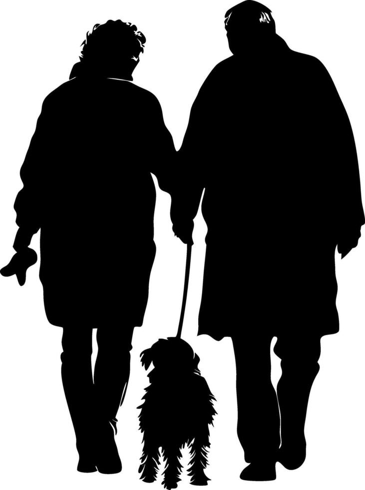 Elderly Couple Strolling With Dog Silhouette Peaceful Walk vector