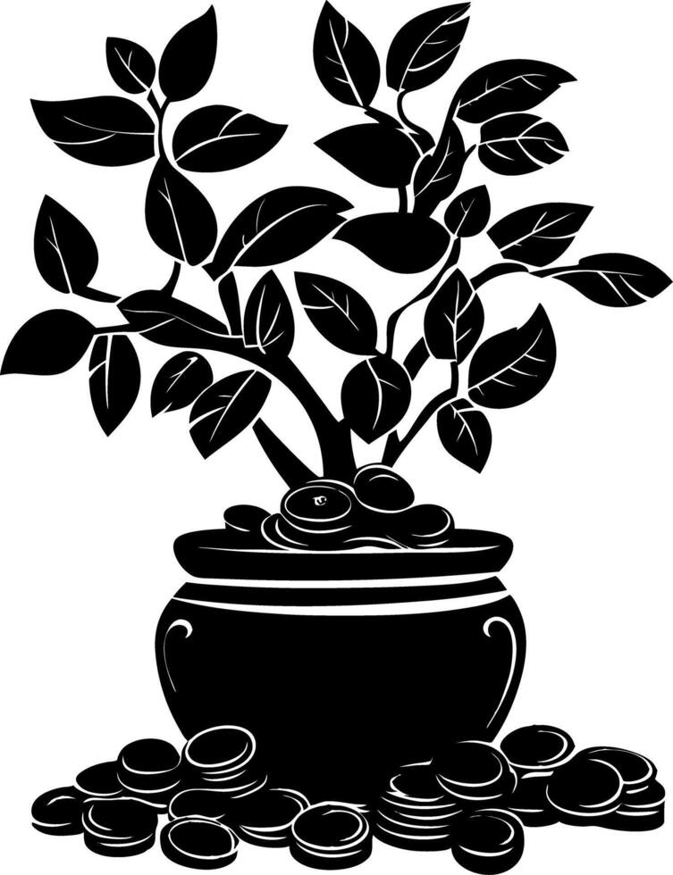 Money Plant Silhouette in Pot Art for Wealth and Prosperity Designs vector