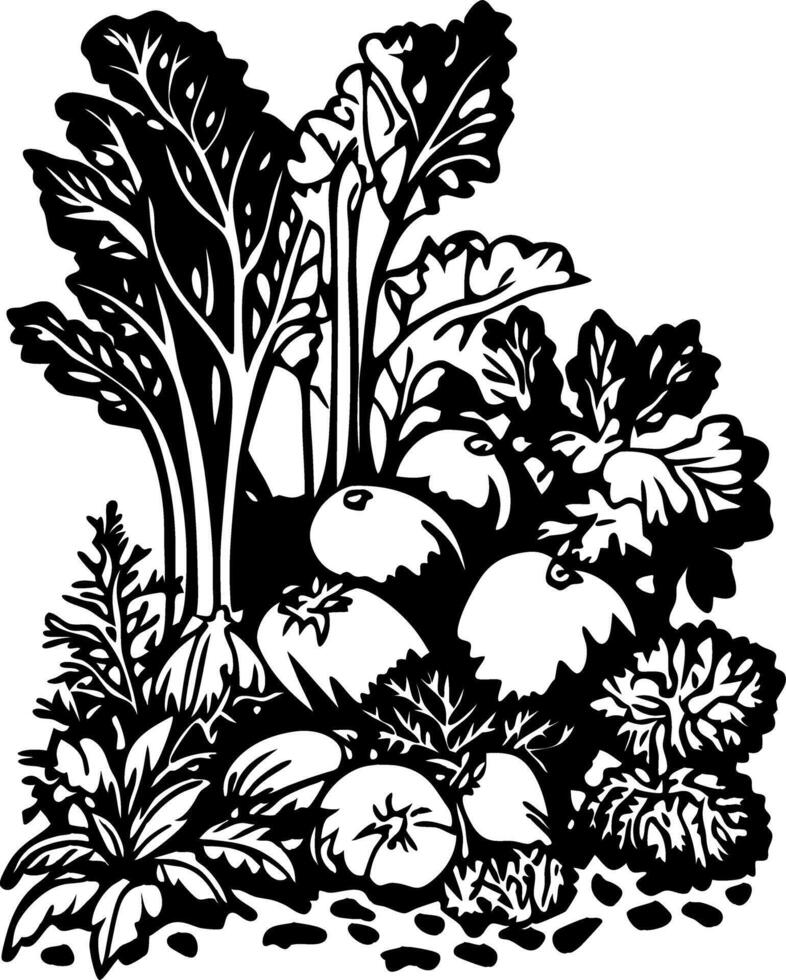 Illustration of Fresh Vegetable Garden with Leafy Greens and Tomatoes vector