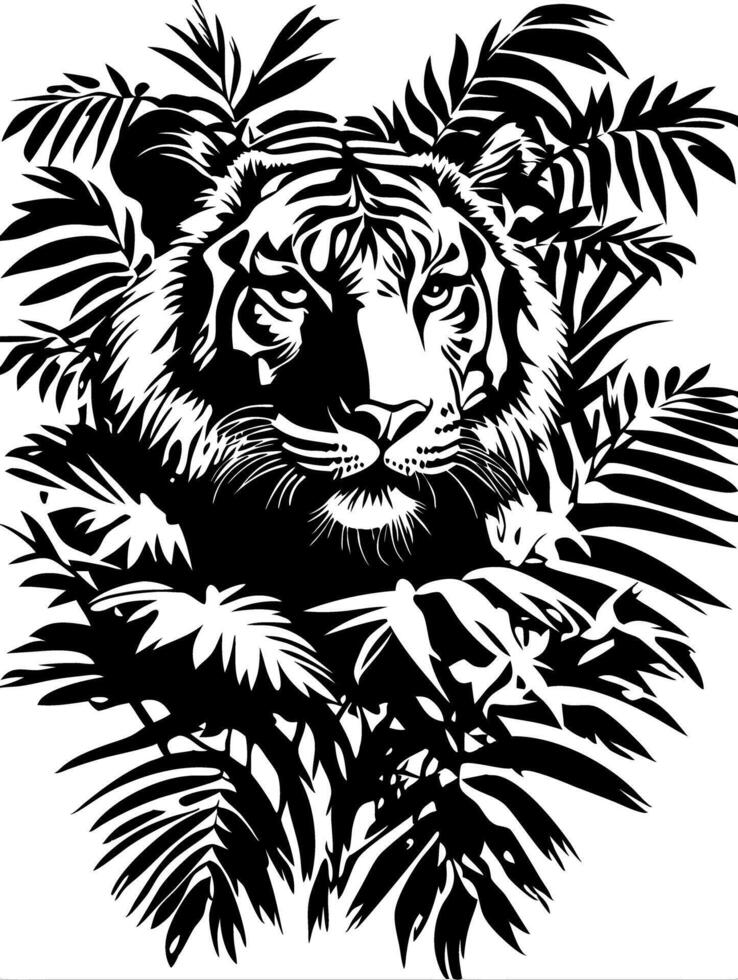 Majestic Tiger Silhouette in Jungle Foliage for Nature Art and Tattoos vector