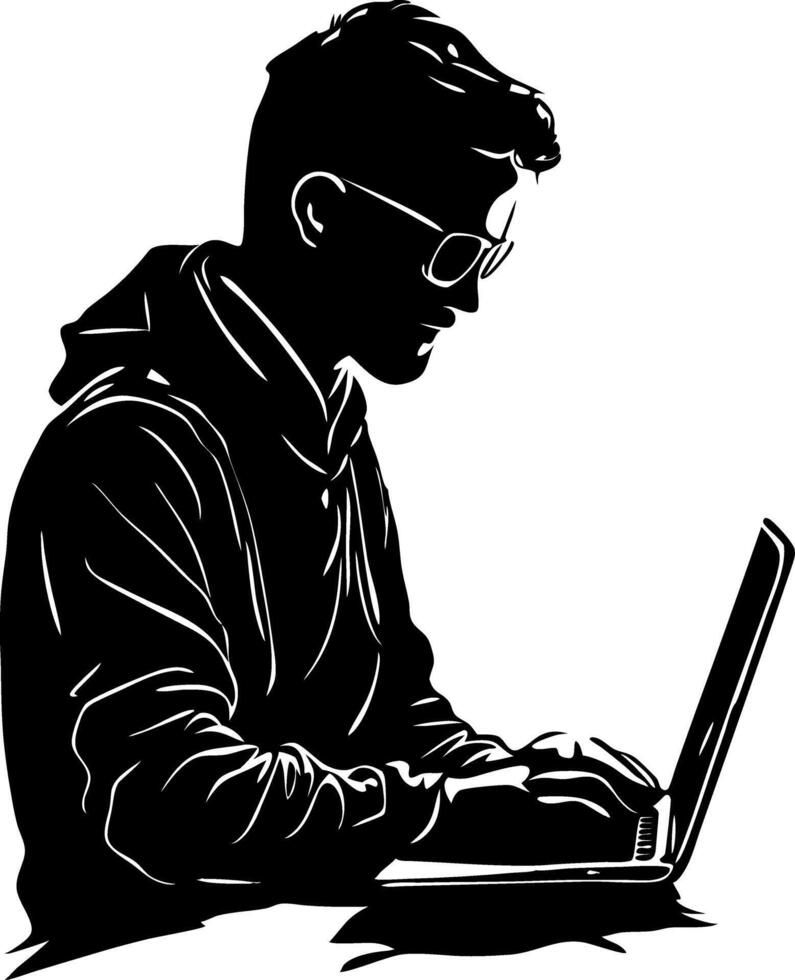 Silhouette of Person in Hoodie Working on Laptop Art vector
