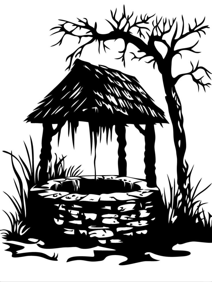 Spooky Haunted Well with Bare Tree Silhouette Art for Tattoos and Halloween Designs vector