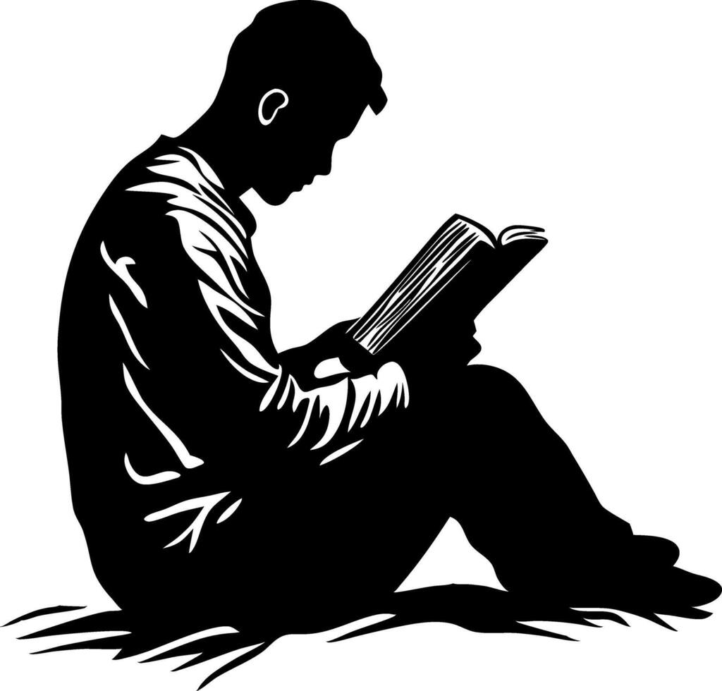 Silhouette of Boy Reading Book Sitting on Ground Illustration for Education and Literature Themes vector