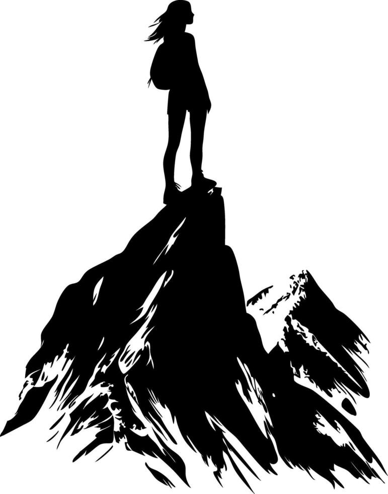 Silhouette Woman Standing on Mountain Peak Illustration for Adventure Themes vector