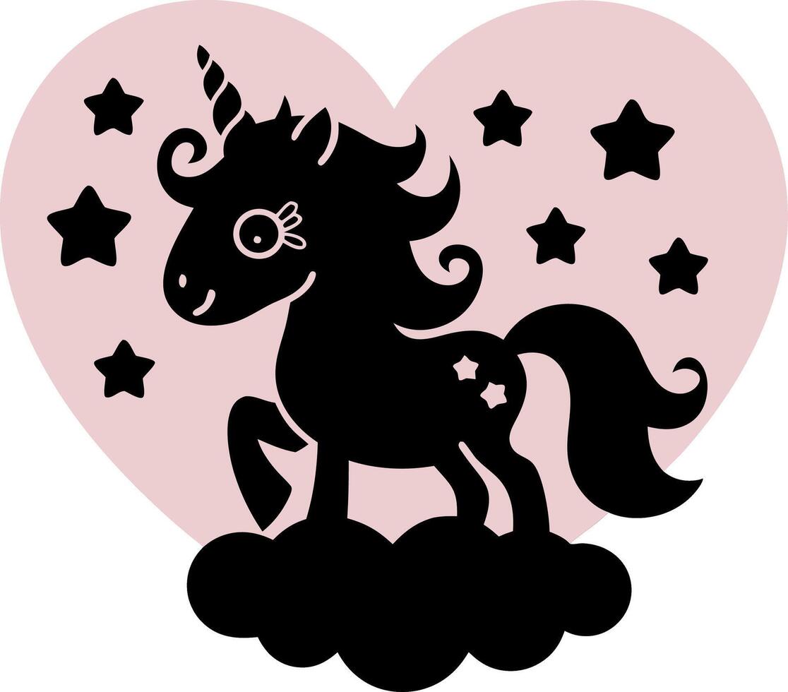 Cute Unicorn Silhouette on Cloud with Heart and Stars Illustration vector