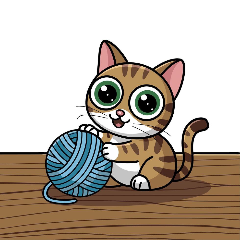 Cute Cartoon Cat with Yarn Ball Playful Illustration for Kids vector