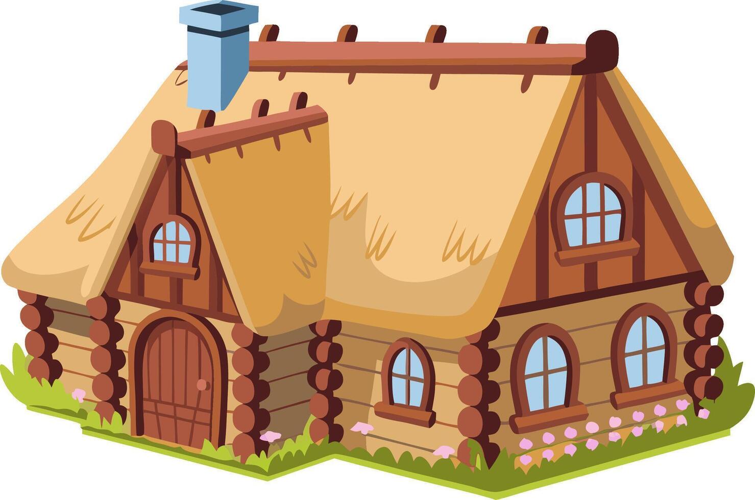Charming Cartoon Fairy Tale Cottage with Thatched Roof and Wooden Log Walls vector