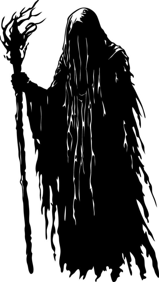 Dark Hooded Figure with Staff Mysterious Silhouette for Tattoo or Halloween Design vector