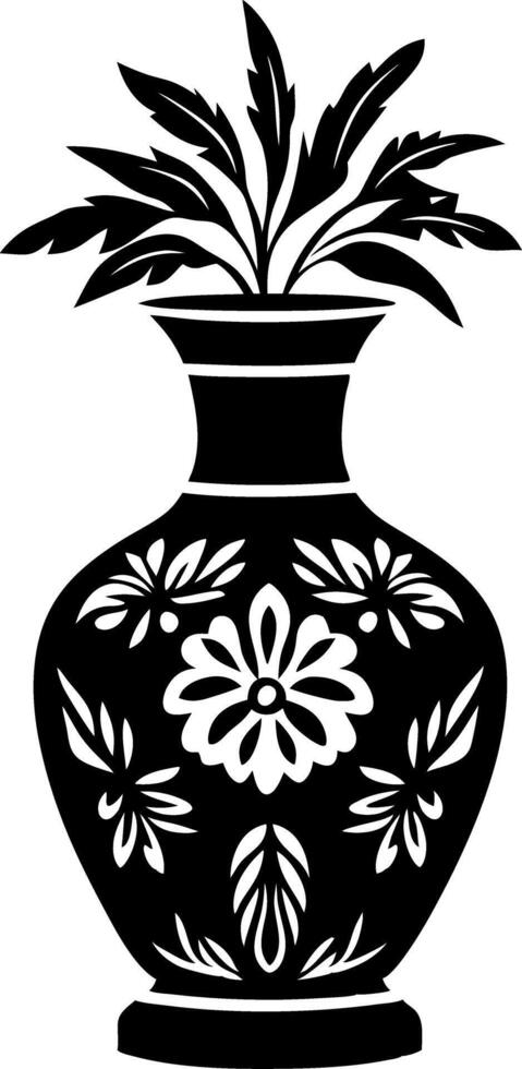Ornate Floral Vase Silhouette with Decorative Leaves for Art and Design Projects vector