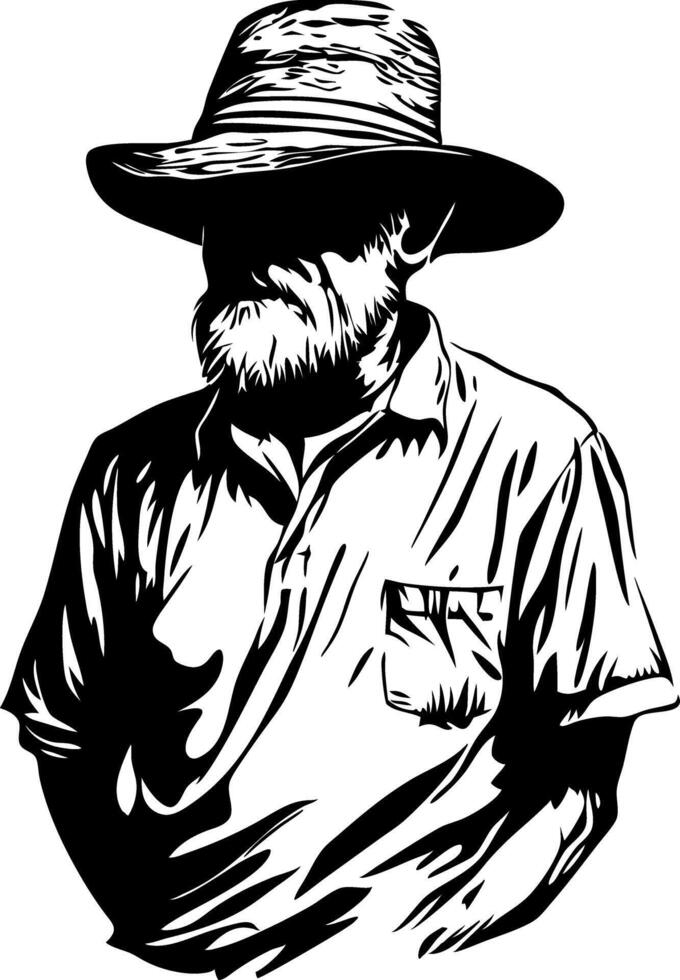 Rustic Bearded Man in Hat Black and White Silhouette for Tattoo and Design vector