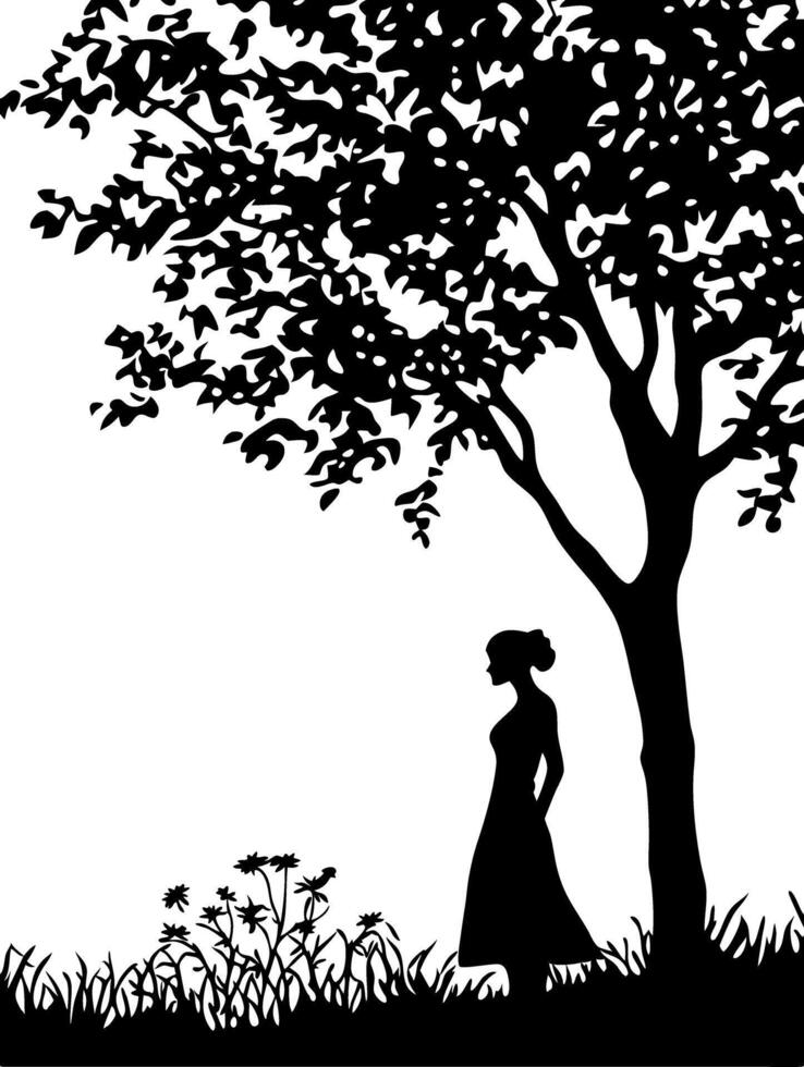 Silhouette Woman Under Tree Nature Scene Art Suitable for Tattoo Design vector
