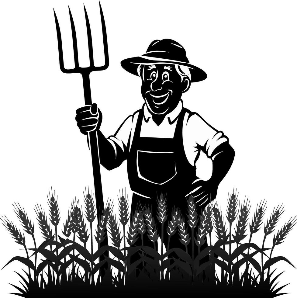Farmer Holding Pitchfork in Wheat Field Illustration for Agriculture Themes vector