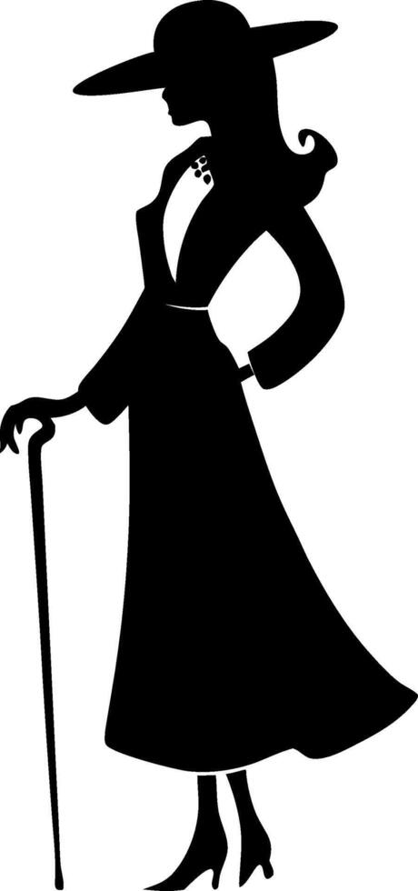 Elegant Silhouette of Stylish Woman with Hat and Cane Illustration vector