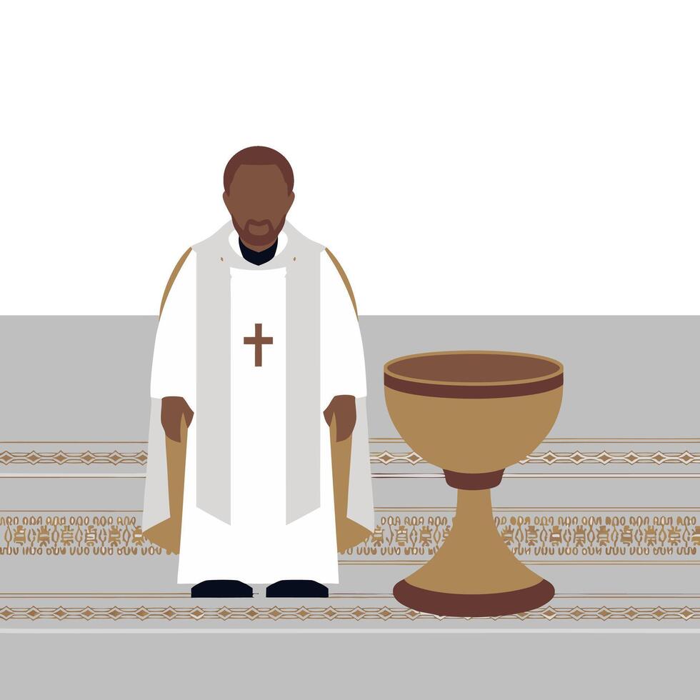 Priest Standing Next to Baptismal Font Illustration for Religious Education Materials vector