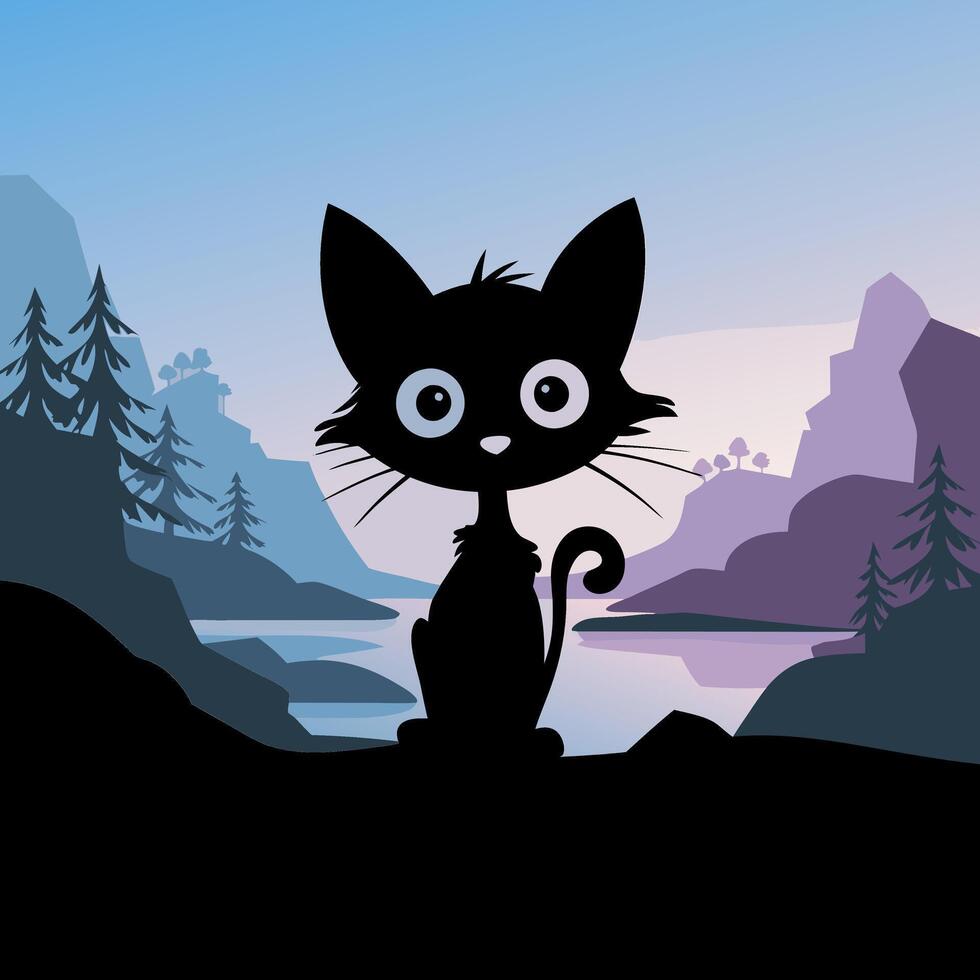 Cute Black Cat Silhouette Against Scenic Mountain Landscape Art vector