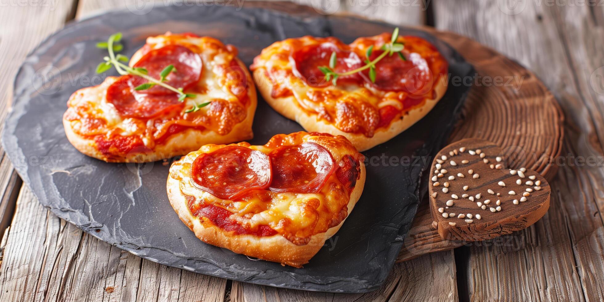 Heart-shaped mini pizzas with pepperoni, melted cheese, and fresh herbs on a slate serving board, creating a romantic and delicious presentation photo