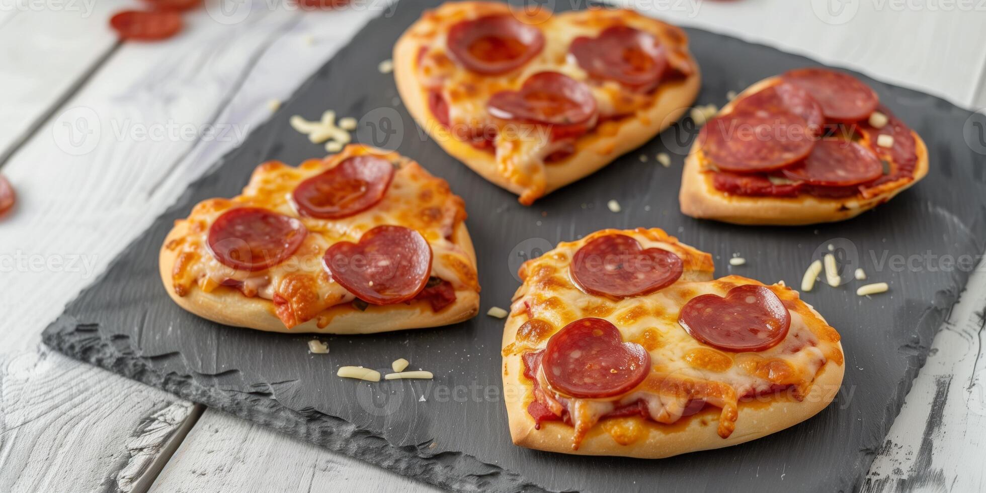 Heart-shaped mini pizzas topped with pepperoni and melted cheese, served on a slate board for a cute and festive presentation photo