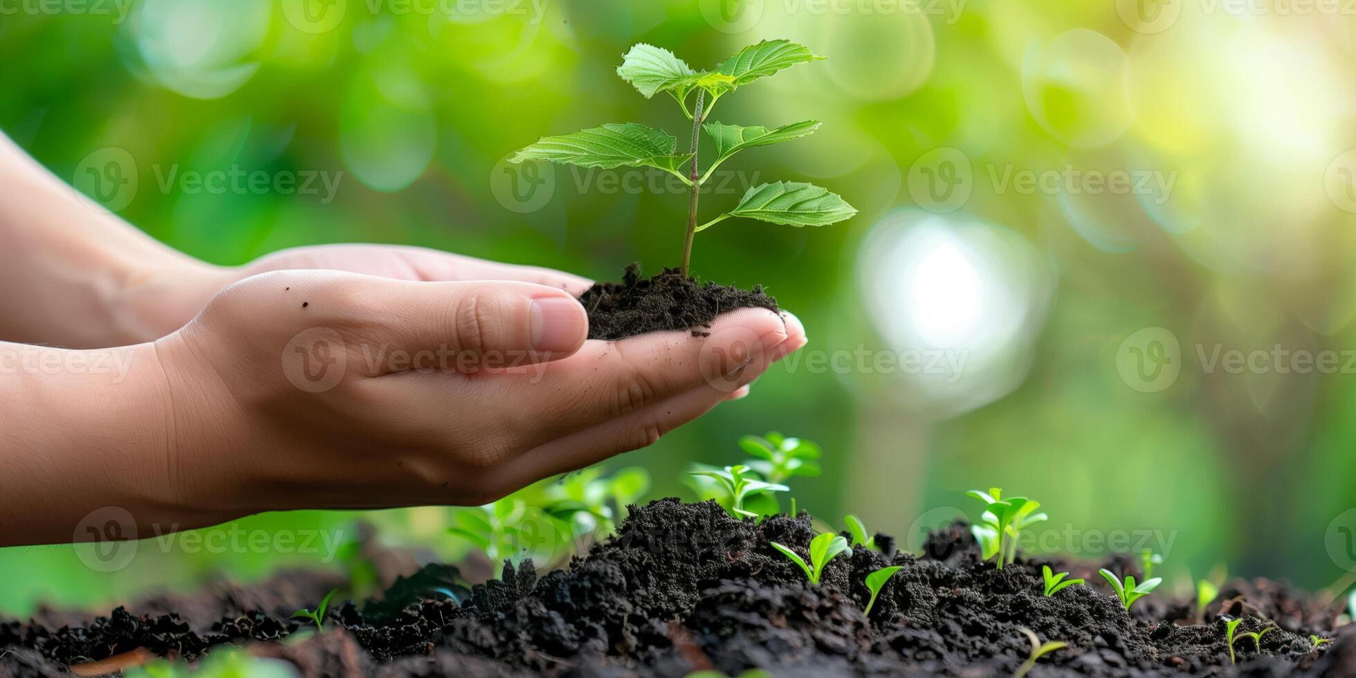 Hands gently holding a young green seedling with soil, surrounded by vibrant new growth, symbolizing nurturing nature, sustainability, and environmental care photo