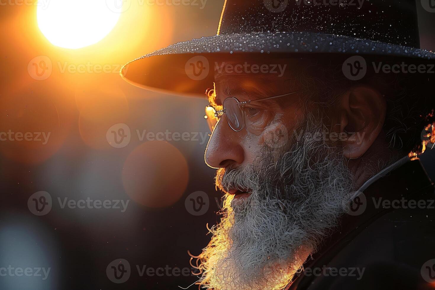 Side profile of an elderly man with a white beard wearing a hat and glasses, illuminated by warm golden sunlight with water droplets on the hat and a soft bokeh background photo