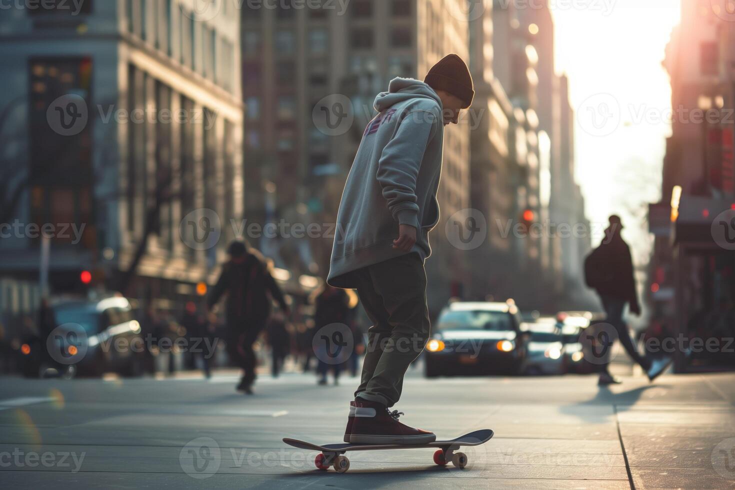 A skateboarder wearing a hoodie rides through a bustling city street at sunset, with blurred pedestrians and cars in the background illuminated by warm urban light photo