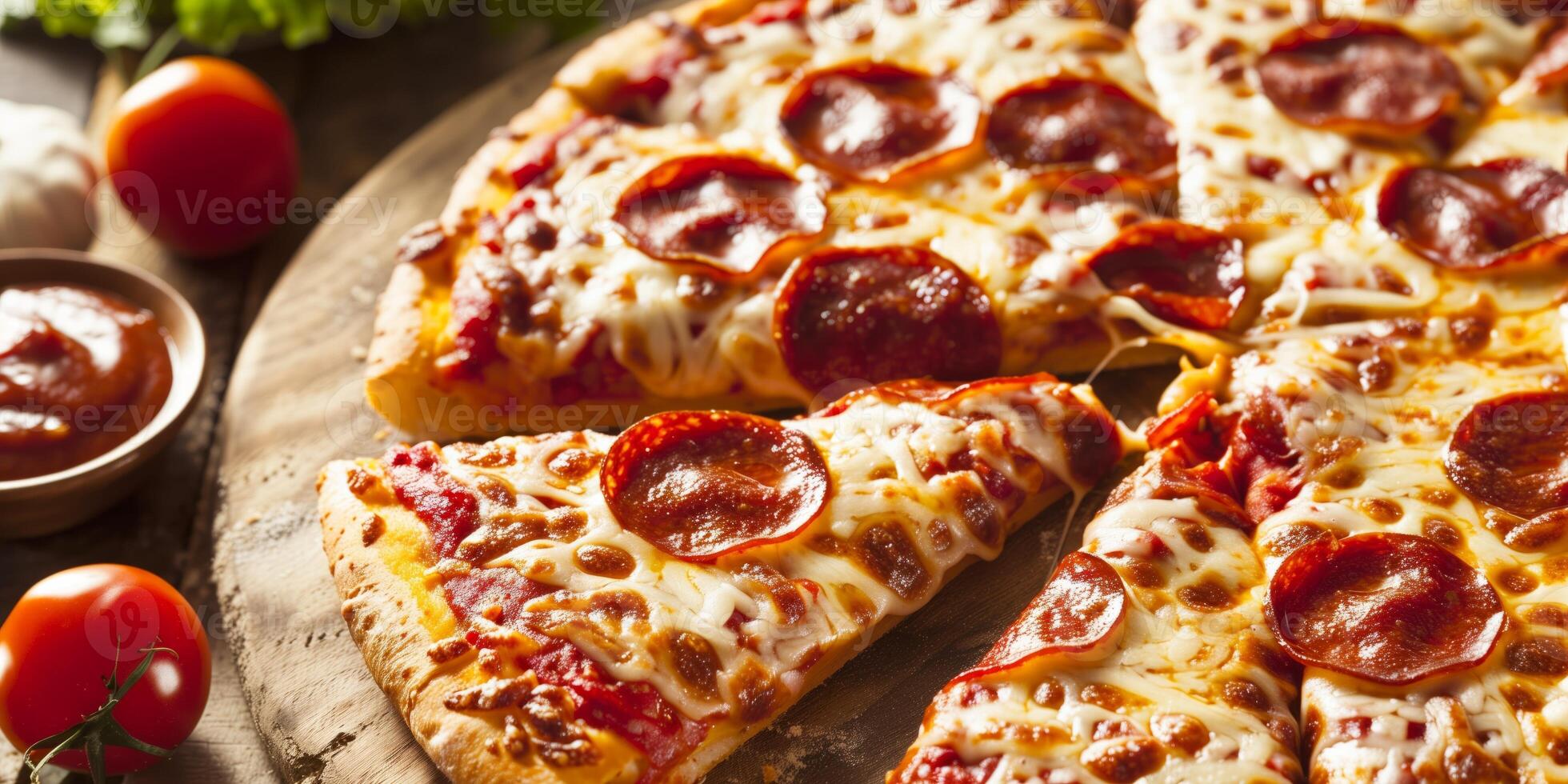 Classic pepperoni pizza with melted mozzarella cheese and crispy crust, served on a wooden board with fresh tomatoes and marinara sauce in the background photo