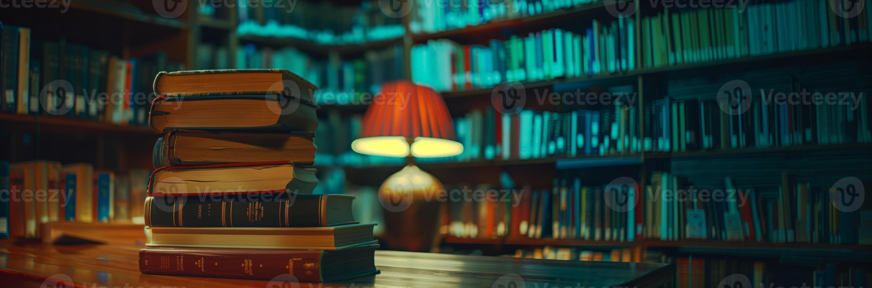 Library with a table holding a stack of books photo