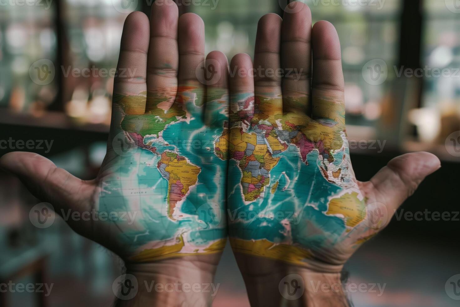 World map painted on hands symbolizing global unity and responsibility photo