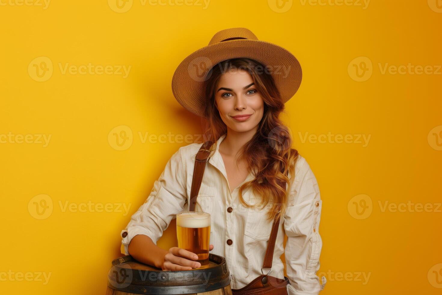 A girl with a long braid and straw hat holding a beer mug against a yellow background photo