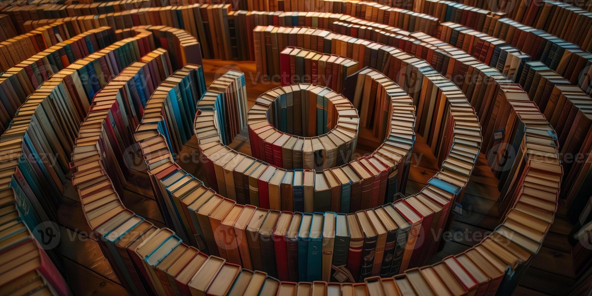 Books arranged in a circular maze pattern, creating a unique artistic design with vibrant colors and diverse textures, symbolizing knowledge, discovery, and intellectual exploration photo