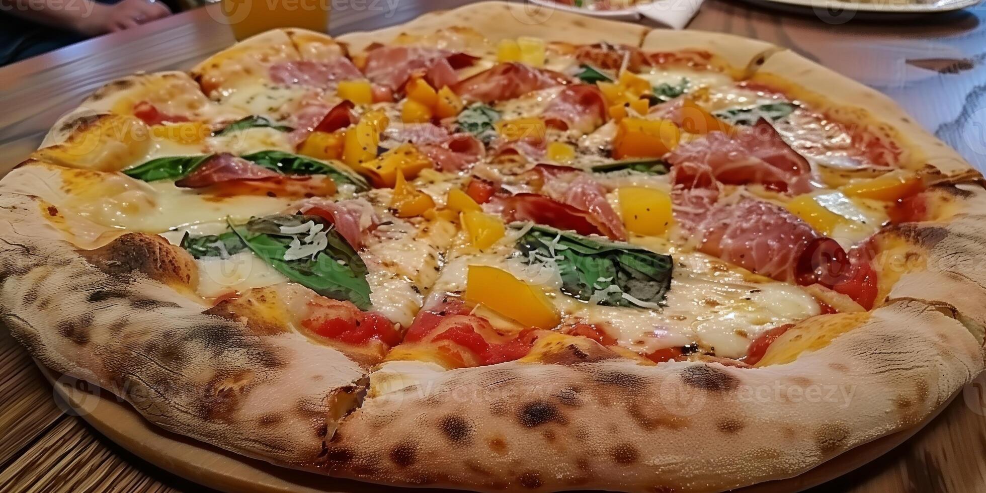 Pizza with ham and vegetables on a table in a cafe photo
