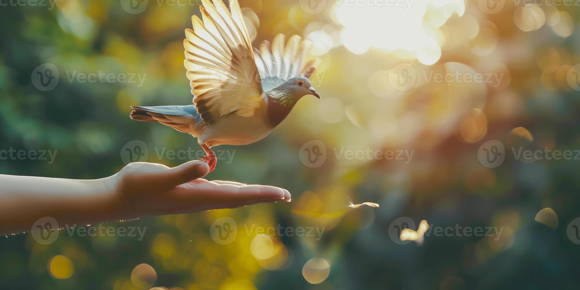 A dove taking flight from an outstretched hand, symbolizing peace, freedom, and harmony in a serene natural setting with golden sunlight photo