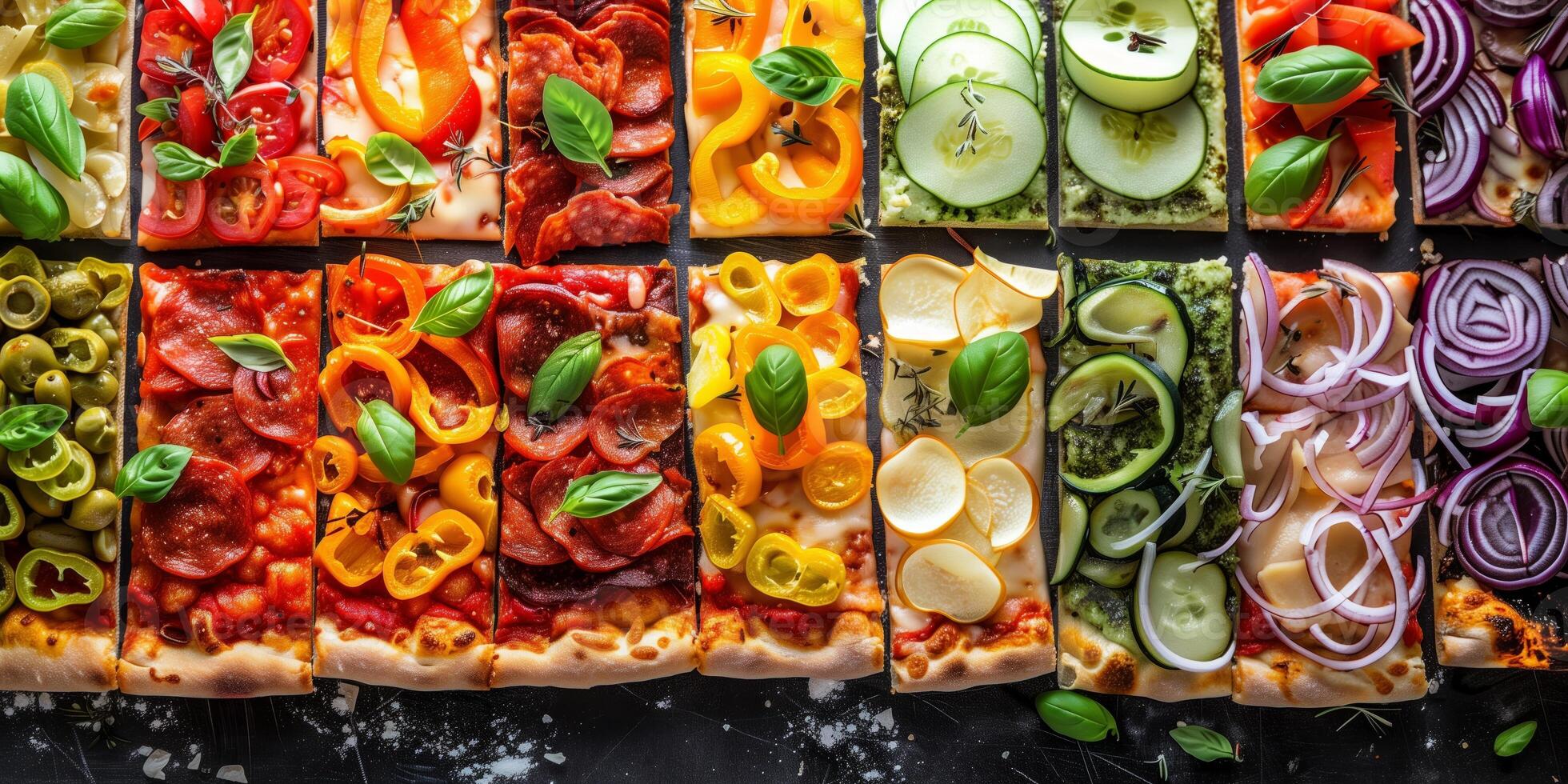 Assorted rectangular pizzas with vibrant toppings including peppers, tomatoes, zucchini, onions, olives, and basil, creatively arranged for a colorful and appetizing presentation photo