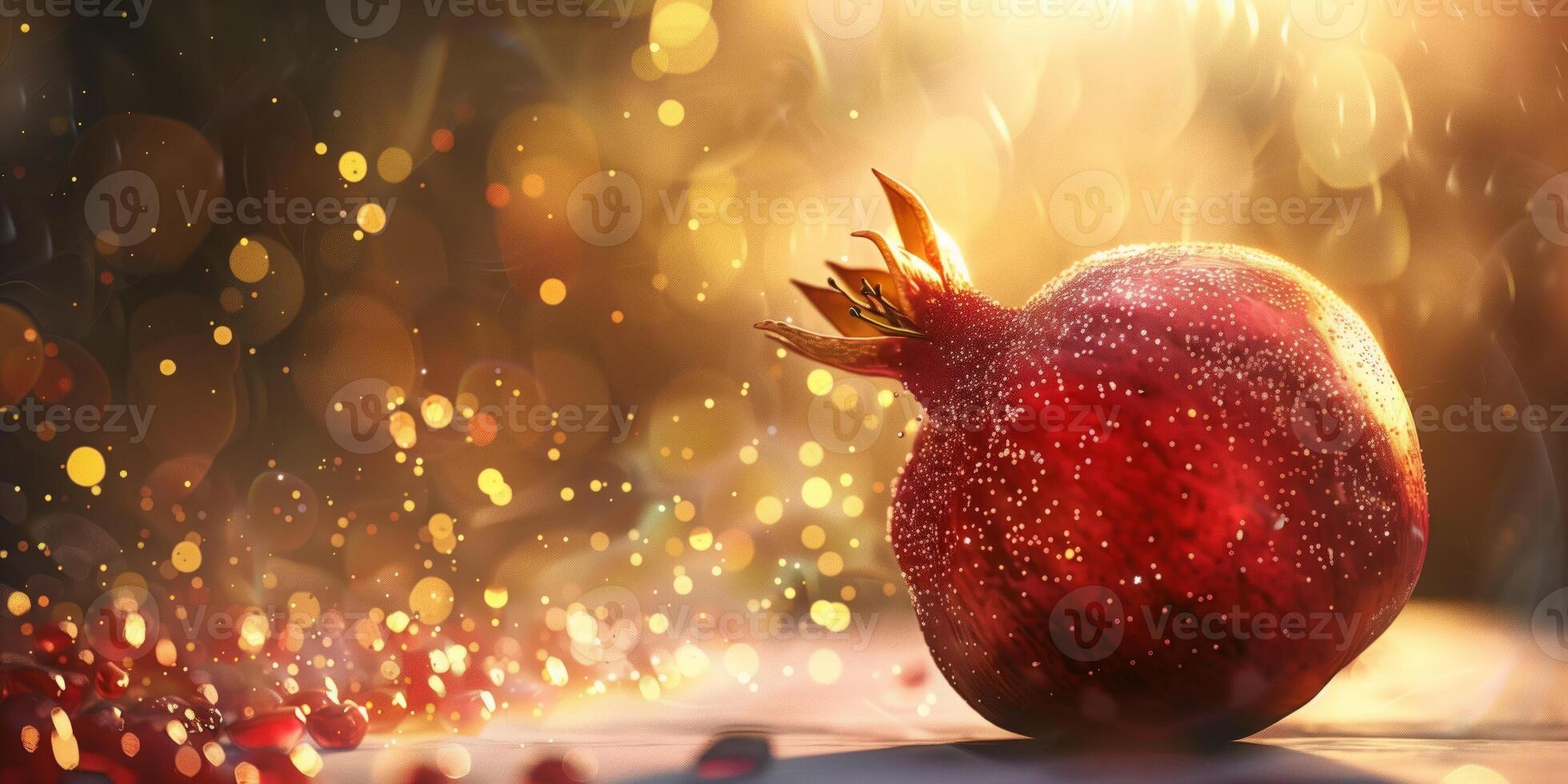 A glistening pomegranate with dewdrops surrounded by scattered seeds and warm golden bokeh lights creating a dreamy, festive atmosphere photo