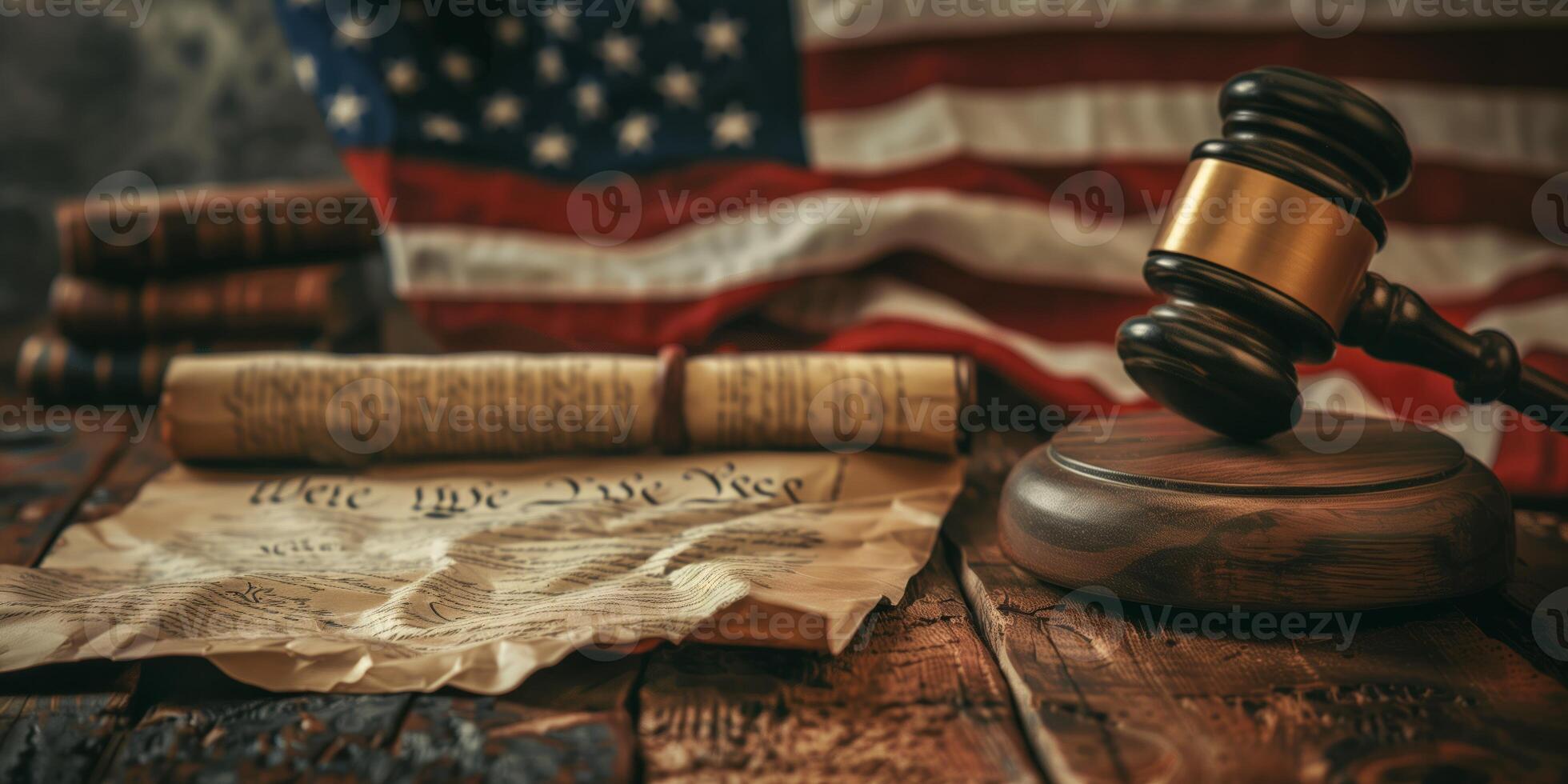 American flag with a judge's gavel, rolled parchment, and legal documents on a vintage wooden table photo