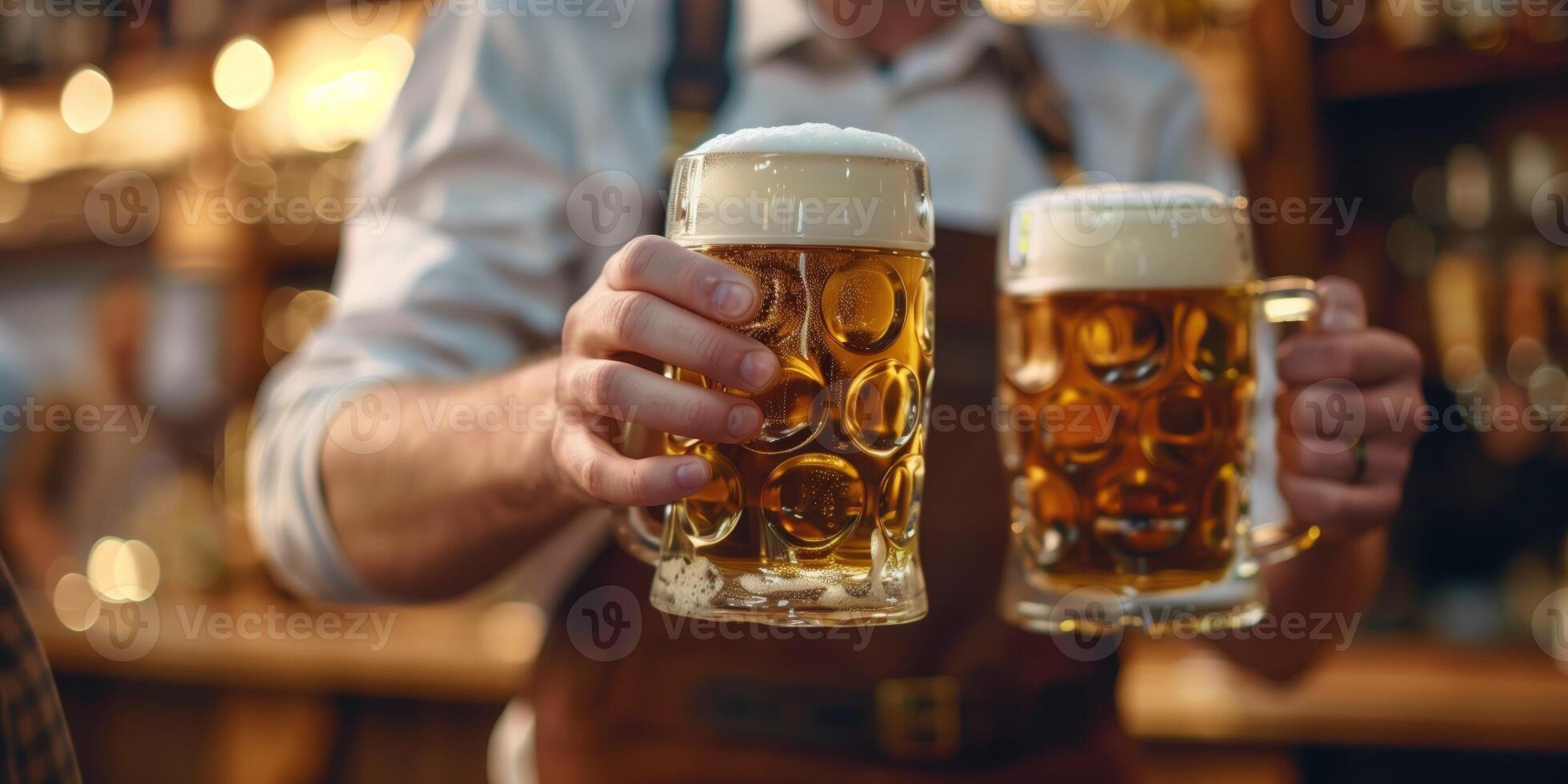 Two frothy beer mugs being held by a man in traditional attire, with a warm, festive pub atmosphere in the background photo