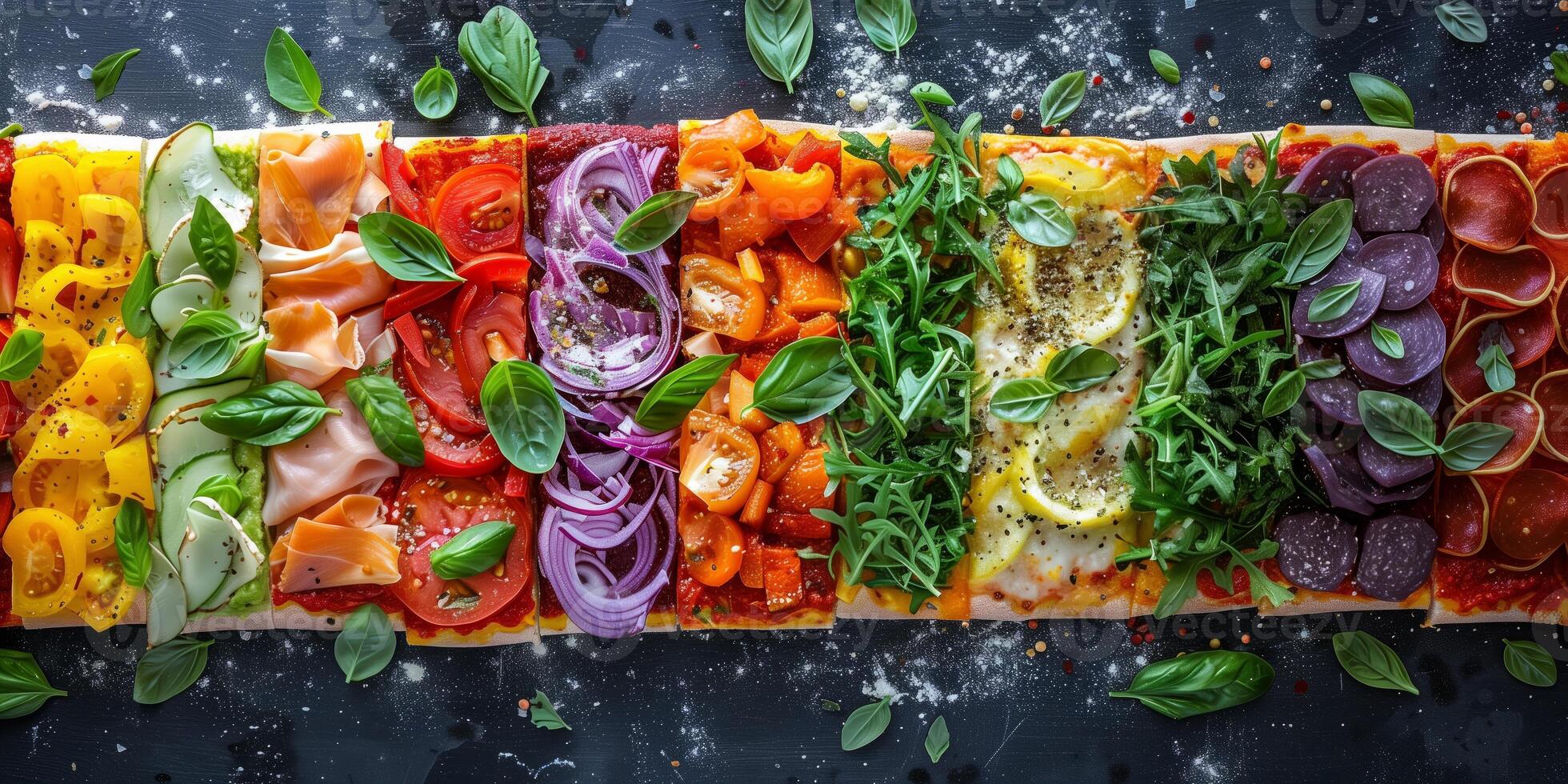 Colorful rectangular pizza with sections of vibrant toppings including tomatoes, peppers, onions, arugula, basil, and cured meats, arranged beautifully for a unique and appetizing presentation photo