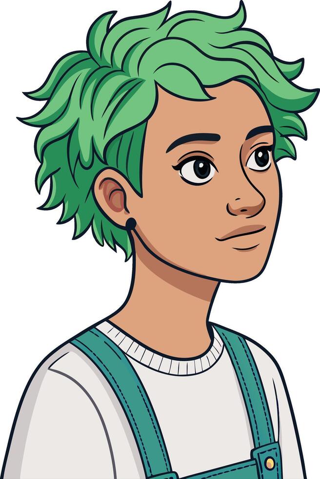 Vibrant Green Haired Youthful Character Illustration in Overalls vector