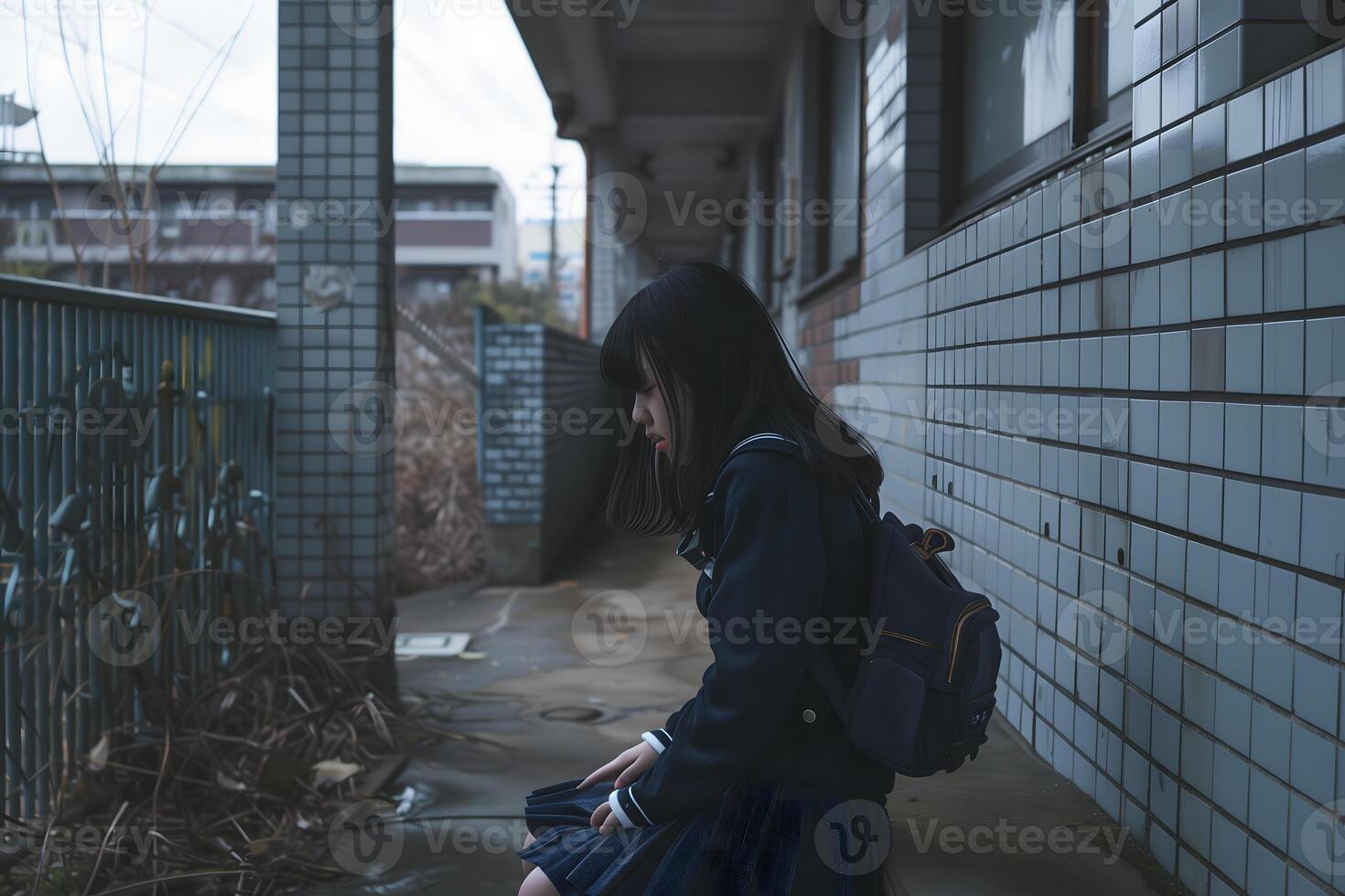 A melancholic young girl in a school uniform sitting alone in an urban setting, with overcast lighting and a reflective, somber atmosphere photo